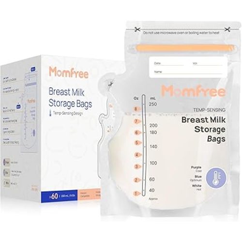 Sterile Breastmilk Storage Bag with Pour Spout - 8 Ounce, Temp-Sensing Color Change, Fast Freeze & Thaw Breast Milk Bags for Baby Bottle Feeding, No-Leak Milk Freezer Storage Pouches 60pcs