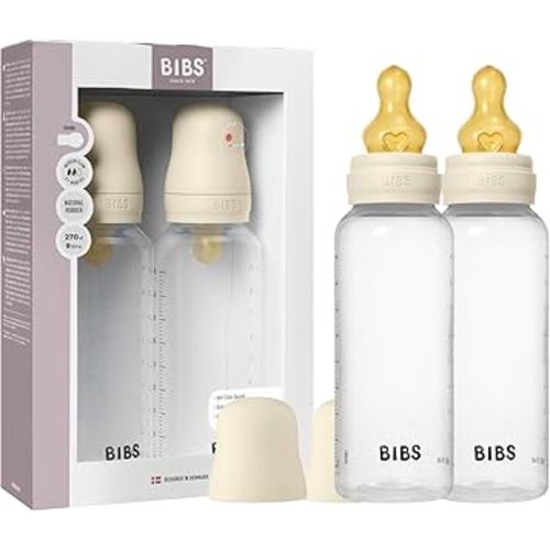 BIBS Baby Bottle 9 oz / 270 ml Natural Rubber Latex Nipple 2 Pack - Anti-Colic, BPA-Free, Round Nipple, Medium Flow, Lightweight & Easy to Clean, Suitable for Newborns 0+ Years - Ivory