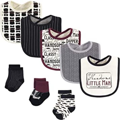 Hudson Baby Unisex Baby Cotton Bib and Sock Set, Vintage Little Man, One Size