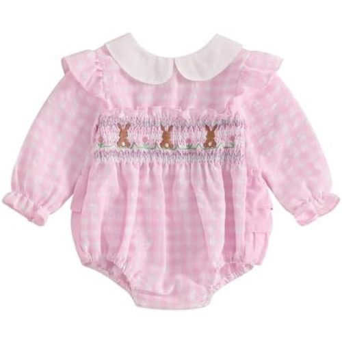 Adobabirl Infant Baby Girl Outfit Newborn Bow Bubble Romper Long Sleeve Embroidery Jumpsuit Cute Smocked Clothes