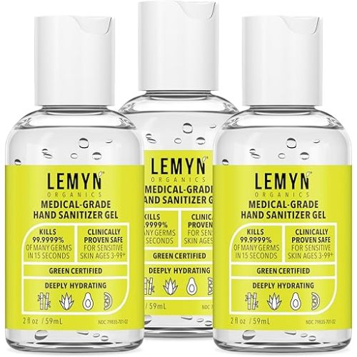 Lemyn Organics Medical‑Grade Hand Sanitizer Gel – 97 % Organic | 70 % USP Ethyl Alcohol | Moisturizing Aloe + Hyaluronic Acid | Freshly Made in USA | 2oz Bottle with Flip Top (PACK OF 3)