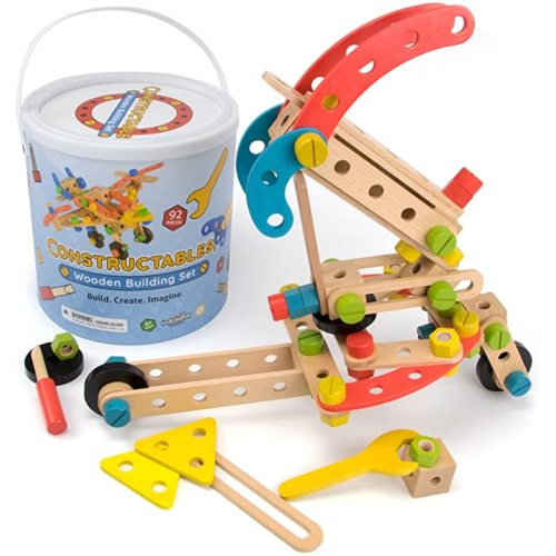 Imagination Generation Constructables! 92-Piece Wooden STEM Building Block Playset | Set Comes with Wood Construction Pieces & Real Play Tools | Includes Nuts & Bolts for Binding Blocks Together