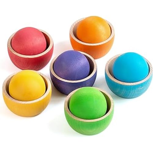 Ball in Cup Toddler Montessori Color Sorting Toy Wooden Ball Toy Learning Color and Matching for Kids with 6 Toddler Safe Balls and Cups