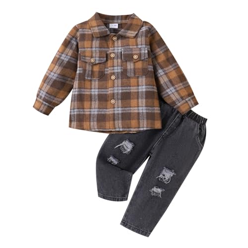 CETEPY Toddler Baby Boy Clothes Winter Outfits Button Down Plaid Shirt + Pocket Jean Pants Set 12 Months - 5 Years Old