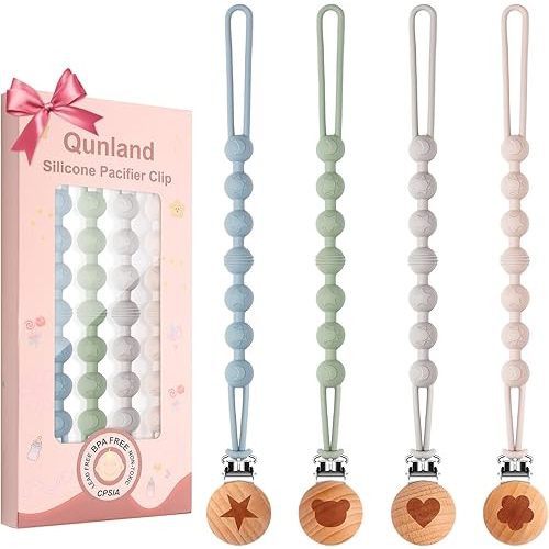 Silicone Pacifier Clip, 4-Pack Pacifier Clips for Boys, One-Piece Soft Flexible Binky Clips Paci Holder with Beaded, Newborn Baby Boy Girls Essentials for Teething Relief, Birthday Shower Xmas Gift