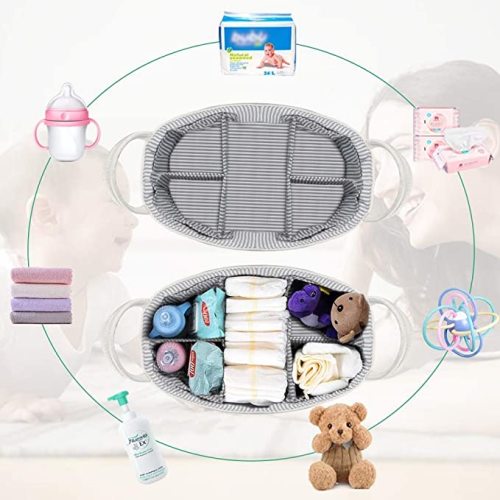 Baby Diaper Caddy Organizer - Extra Large Nappy Caddy Rope Nursery Storage Bin - Baby Basket with 8 Pockets, 5 Compartments and 2 Removable Dividers