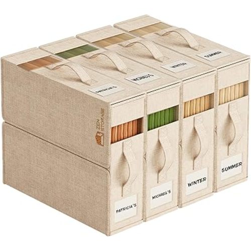4 Pack Sheet Storage Organizer (King & Queen Size) with handle, Foldable Sheet Set Organizer for Linen Closet, Sheet Organizer for Blanket, Coverlet and Towel, Beige