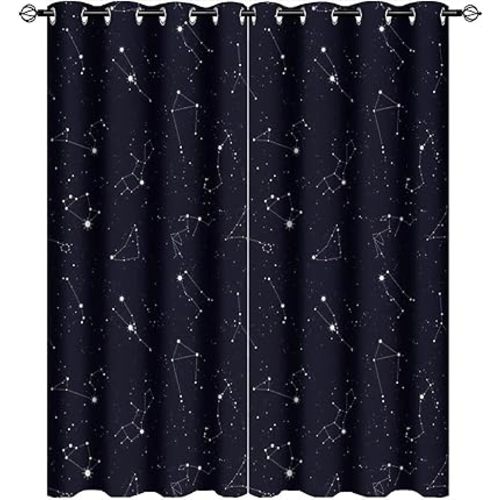 Constellation Curtains,Black Galaxy White Constellation Symbol Pattern Ultra Soft Premier Blackout Curtains,Thermal Insulated Bedroom Noise Reducing Patio Door Grommet Top,42x45in