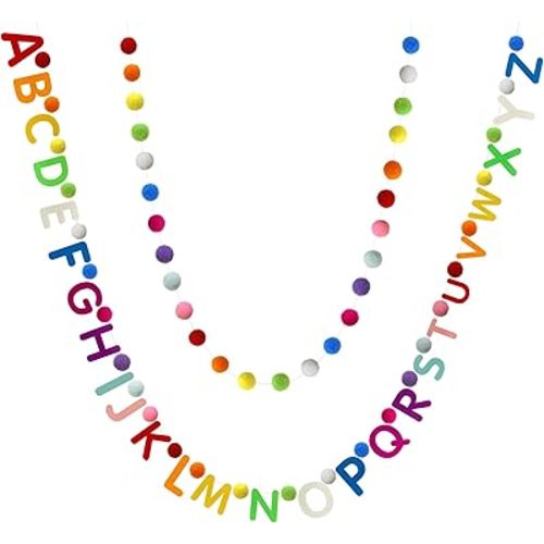 2 Pieces Alphabet Garland Rainbow ABC Wall Decor Colorful Pom Pom Garland 26 Balls Garlands for Classroom Party Home Decoration