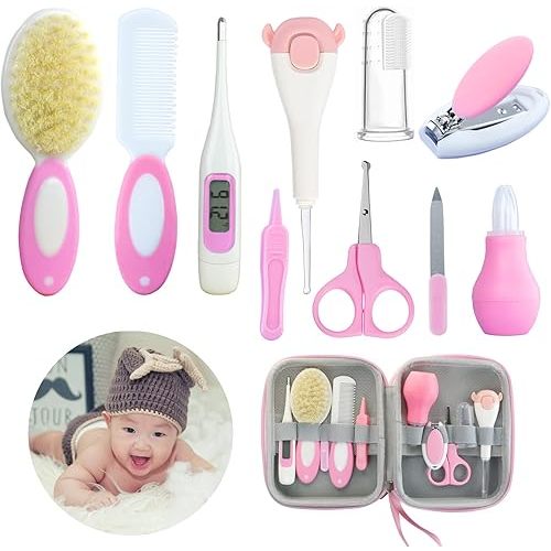 Baby Care Kits,Baby Grooming Kit,10 in 1 Newborn Essentials Must Haves,Baby Nail Clippers Baby Brush Baby Comb Earpick Nose Cleaning Tool Baby Nail File Nursing Baby Kit (Pink)