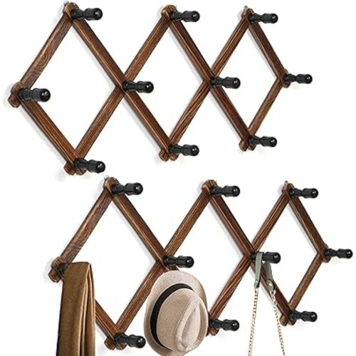 WGFKVAS 2 Pack Expandable Coat Rack, Accordion Wall Hangers, Wooden Hat Rack Wall Mounted, Hat Hooks for Keys, Coffee Mug, Coats, 10 Peg Hooks