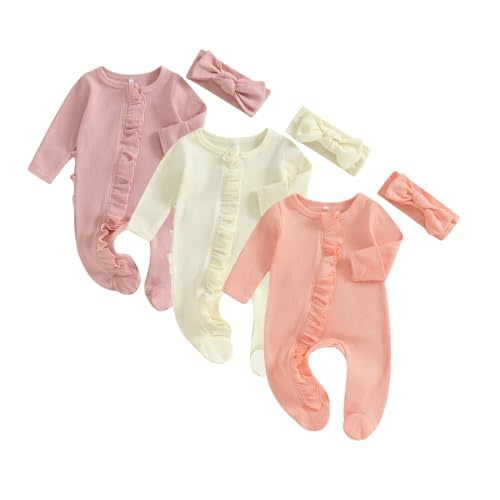Merqwadd Baby Girl Zipper Pajama Footies 3 Pack Ruffle Sleeper Coming Home Infant Cotton Clothes