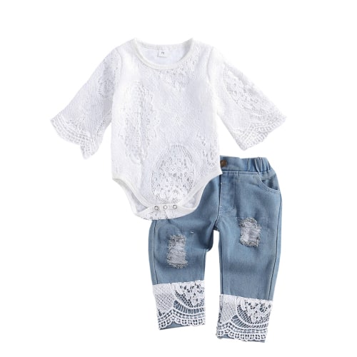 2Pcs Newborn Baby Girls Flare Sleeve Lace Floral Romper Bodysuit Denim Jeans Pants Outfits Set
