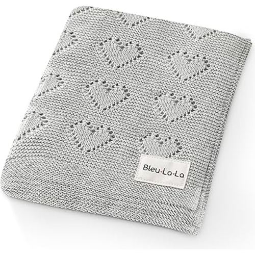 100% Cotton Unisex Knit Swaddle Baby Blanket for Girls and Boys - Soft Warm Cozy Swaddler Receiving Cuddle Stroller Crib Heart Blanket for Newborns, Infants Toddlers (Grey, 0-2 Years)