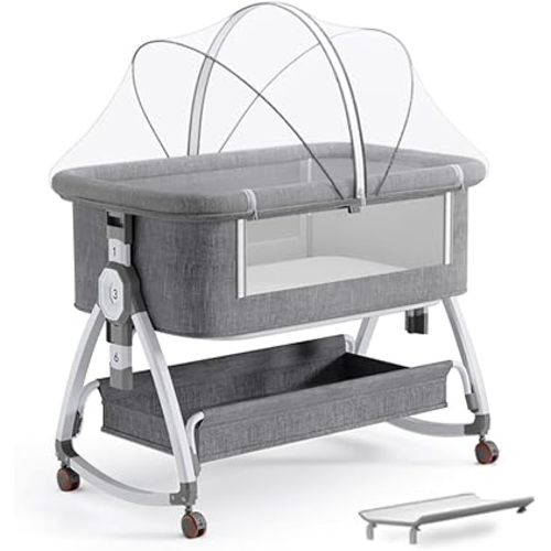 bonbay Baby Bassinet, Bedside Bassinet for Baby, 4 in 1 Portable Bassinet Bedside Sleeper with Wheels Mosquito Net & Storage Basket, 6 Height Adjustable Rocking Bassinet for Newborn Baby