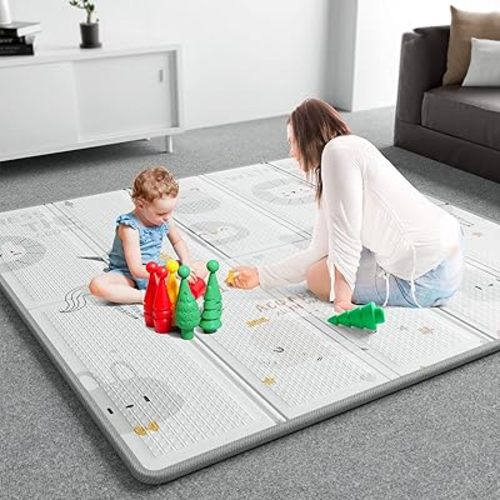 ZEEBABA Unicorns Play Mat, 59"x59" Foldable & Reversable Large Play Mat, 0.4" Thick Waterproof Foam Mat, Baby Activity Tummy Time Mat, Foam Play Mat for Babies and Toddlers