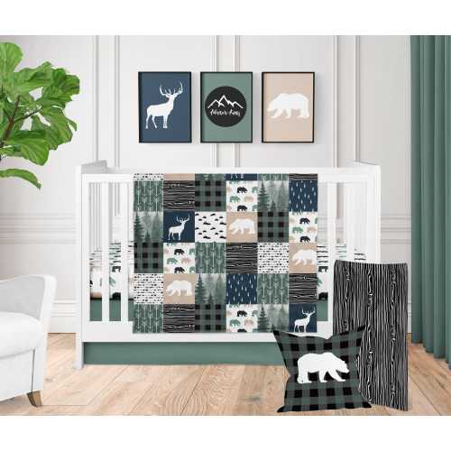 Woodland Crib Bedding Set for Boys – Bear and Deer Baby Blanket, Forest Nursery Decor, Rustic Adventure Crib Set, Boy Shower Gift