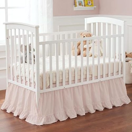 Hahafelt Pink Crib Skirt for Baby Girls & Boys, 28" x 52" with 14" Drop–100% Washed Cotton Dust Ruffle Bed Skirt, Soft Nursery Bedding, Fits Standard Toddler Cribs, Boho Farmhouse Decor