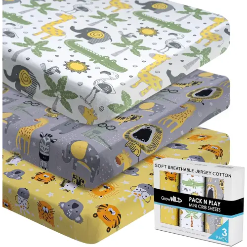 GROW WILD Pack and Play Sheets | Mini Crib Sheets 3-Pack, Soft Pack n Play Sheets, Premium Bassinet Sheet, Safari Elephant Yellow Gray White