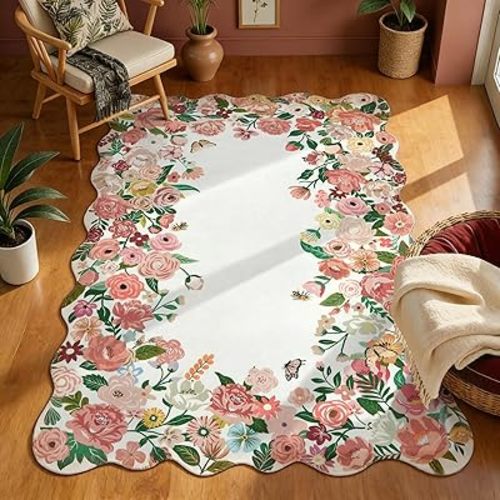 Wonnitar Washable 5x7 Rug for Living Room, Pink Camellia Floral Rugs for Bedroom Girls, Non-Slip Soft Scalloped Flower Floor Carpet for Kids Nursery Room Decor(Pink,5'x7')