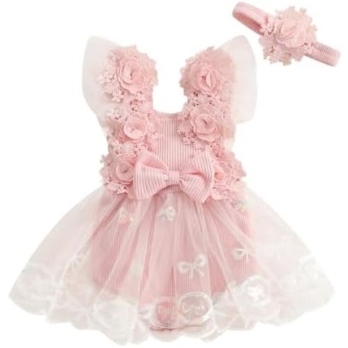 Infant Baby Girl Romper Dress Sleeveless Bow Flower Lace Tulle Dress Bodysuit Headband Newborn Summer Outfits