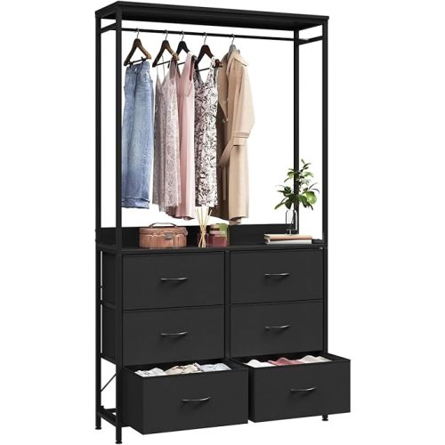 6 Dresser Drawer with Hanging Rack, 2-in-1Tall Dresser for Bedroom/Closet, Fabric Dressers & Chests of Drawers, Sturdy Alloy Steel Frame, Space Saving Closet Organizer