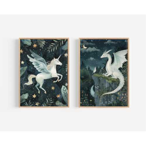 Unicorn and Dragon Nursery Printed Blue art print whimsical art print unicorn nursery print set high archival paper Set of 2 KR3-A2