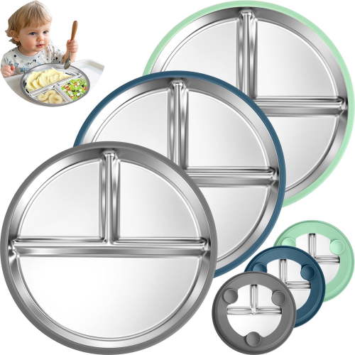Gofinoday Stainless Steel Baby Plates with Suction | 9” Divided Toddler Dish, 2-in-1 Anti-Slip Silicone Sleeves | Microwave & Dishwasher Safe