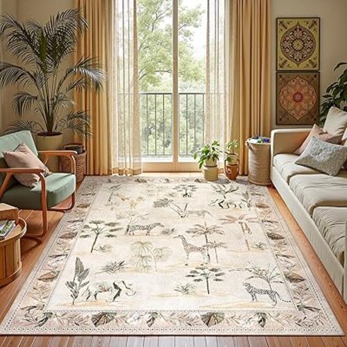 jinchan Jungle 5x7 Beige Animals Print Living Room Rug,Machine Washable Soft Ultra-Thin Non-Slip Area Rug,Throw Carpet for Bedroom Kids Playroom Dining Room Courtyard (5'x7',Beige)