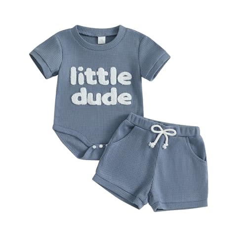 Douhoow Baby Boy Summer Outfits Short Sleeve Mamas Boy Little Dude Embroidery Boy Romper Shorts Set Infant Waffle Clothes