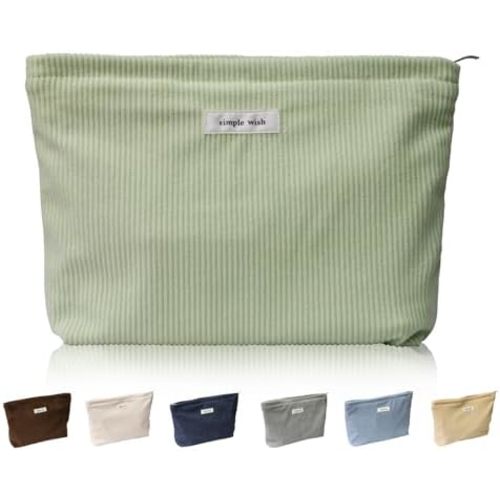 Wudygirl Travel Makeup Bag Portable Cosmetic Bags Large Capacity Makeup Bag Organizer for Women Corduroy Makeup Pouch Pencil Pouch Zipper (Light Green)