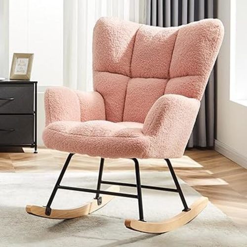 HealSmart Nursery Rocking Chair Teddy - Upholstered Comfy Glider Rocker with High Back Armchair, Cozy Reading Recliner Fluffy Comfortable Chair for Bedroom, Baby Room, Living Room and Study, Pink