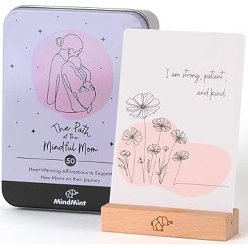 New Mom Affirmation Cards - 50 Postpartum Affirmation Cards for Women - Pregnancy & Self-Care Gifts for New Mom After Birth in Tin Box with Wooden Stand