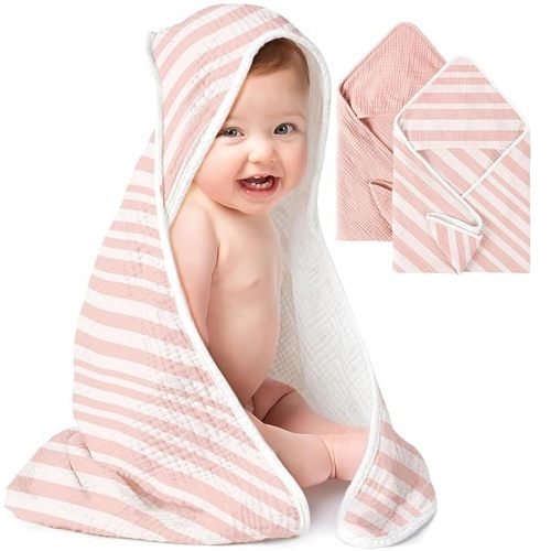 Konssy 2-Pack Muslin Hooded Baby Towels, 100% Cotton, Ultra-Soft & Absorbent Baby Bath Towels with Hood for Newborn & Infant (Pink, Stripe, 32" x 32")