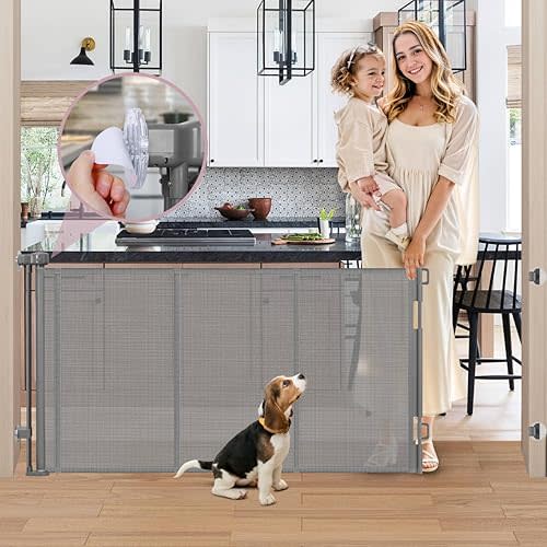 Punch Free Retractable Baby Gates, Reinforced 75 Inch Wide Baby Gate No Drill Retractable Gate Outdoor/Indoor with Reinforced Strips, Mesh Baby Gate Retractable Dog Gate for Doorways No Drill, Gray