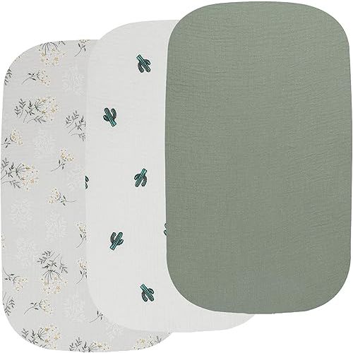 Muslin Bassinet Sheets 3 Pack, 100% Cotton Baby Sheet 35" X 20" Compatiable with AMKE 3 in 1 Bassinets, MiClassic, Uiuwoo, Foalom, YADAQE, Milliard and TCBunny Bassinet, Green, Floral and Cactus