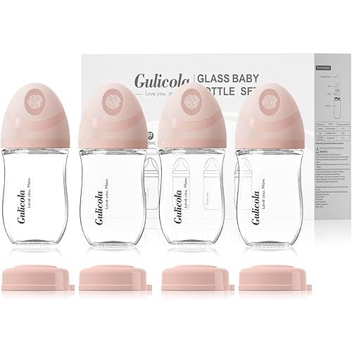 Natural Glass Baby Bottle 4 Pack, Newborn Breastfeeding Bottles Set, Extra Slow Flow Nipples (SS), Anti Colic, 0 Months+, 5 oz - Pink