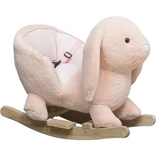 Qaba Rabbit Wooden Rocking Horse with Simulated Sound, Wooden Base, Seat Belt, Plush Stuffed Rocking Chair for Baby, Toddler, 18-36 Months, Pink