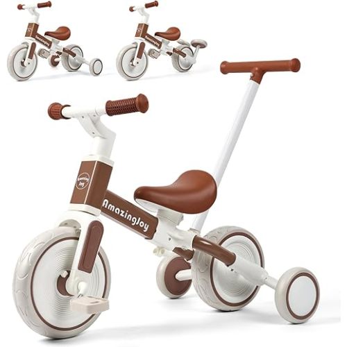 6 in 1 Toddler Tricycle with Push Handle Kids Tricycle for 2-5 Year Olds Toddler Bike for 1 Year Trikes for Kids 1-3 with Removable Pedal Adjustable Seat Birthday Gift Trike 1 to 3 Tricycle Brown