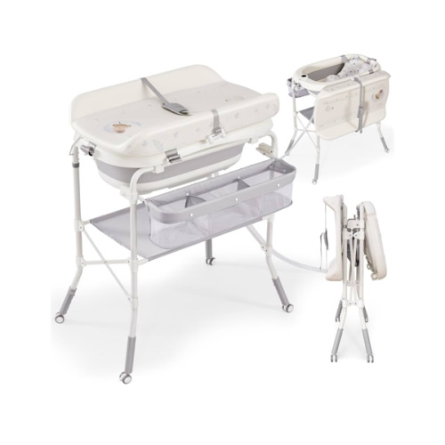 Baby Bathtub with Foldable Changing Table, Standing Infant Bath Tub for Newborn Toddler Shower, Portable Diaper Changing Station with Stand