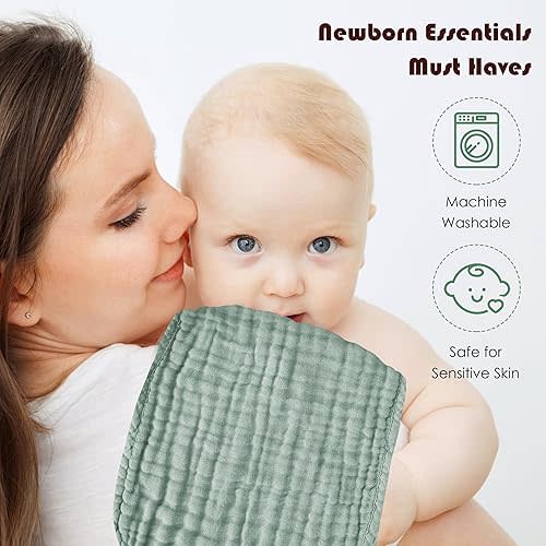 Muslin Burp Cloths 100% Cotton Large 20''x10'' Extra Soft and Absorbent Baby Wash Cloths Spit Up Rags - Baby Burping Cloth for Boys Girls Items(12 Pack Green)