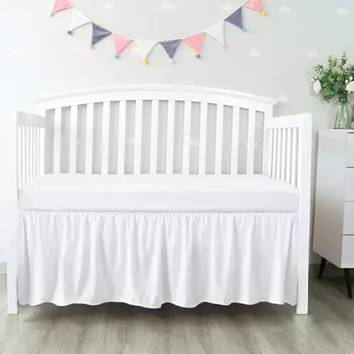 Crib Bed Skirt 28” x 52” with 14” Drop Pleated Dust Ruffle, Solid White