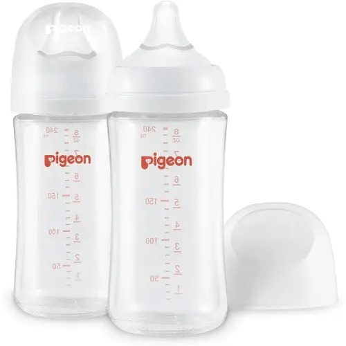 Pigeon Glass Nursing Bottle Wide Neck, Anti-Colic, Streamlined Body, Natural Feel, Easy to Clean, Heat-Resistant, 8.1 Oz(Pack of 2), Includes 2pcs M Nipples (3m+)