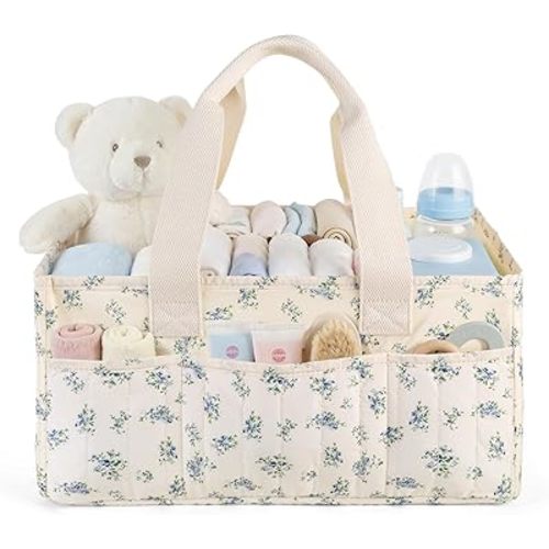 Baby Diaper Caddy Organizer with Portable Changing Mat-Portable Baby Organizers and Storage, Baby Essentials Organizer with Removable Dividers (Blue Floral)