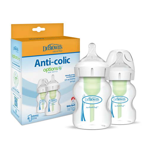 Dr. Brown's 5oz Anti-Colic Wide-Neck Baby Bottle, Level 1 Nipple, 2-Pack, for 0m+ with Natural Flow Options