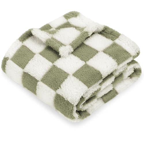 HOMRITAR Checkered Baby Blanket for Boys Girls Warm Cozy Reversible Checkerboard Toddlers Blanket, Fluffy Fuzzy Plush Bed Blanket with Chessboard Grid Design 350GSM Mustard Green 30 x 40 Inch
