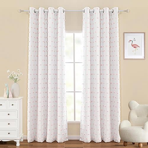 MYSKY HOME 100% Blackout Curtains for Girls Bedroom 84 Inch Long Total Light Blocking Curtains for Living Room 2 Panels Room Darkening Grommet Window Drapes with Pink Pom Pom Sheer 52W x 84L