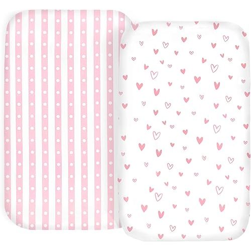 100% Organic Cotton 2 Pk Bedside Sleeper Bassinet Fitted Mattress Sheets for Mika Micky, Baby Delight, Ronbei, Chicco, KoolerThings, Cloud Baby, AMKE, Angelbliss, Maxi-COSI, Arm's Reach, Plus. Girl