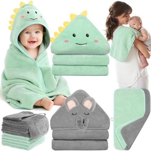 Flasoo 12 Pcs Baby Towel Set, Soft Baby Bath Towels and Washcloths Set, 2 Pcs Hooded Baby Towel, 2 Pcs Baby Burp Cloths and 8 Pcs Baby Washcloths for Infants, Toddlers and Kids (Dinosaurs & Elephants)