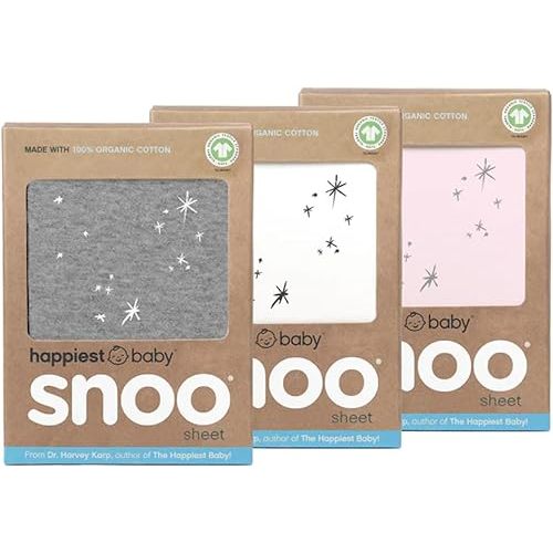 Happiest Baby SNOO Bassinet Fitted Sheet - 100% Organic Cotton Nursery Bedding - Fits SNOO Sleeper Crib Mattress - 3-Pack Bundle (White, Grey, Pink)